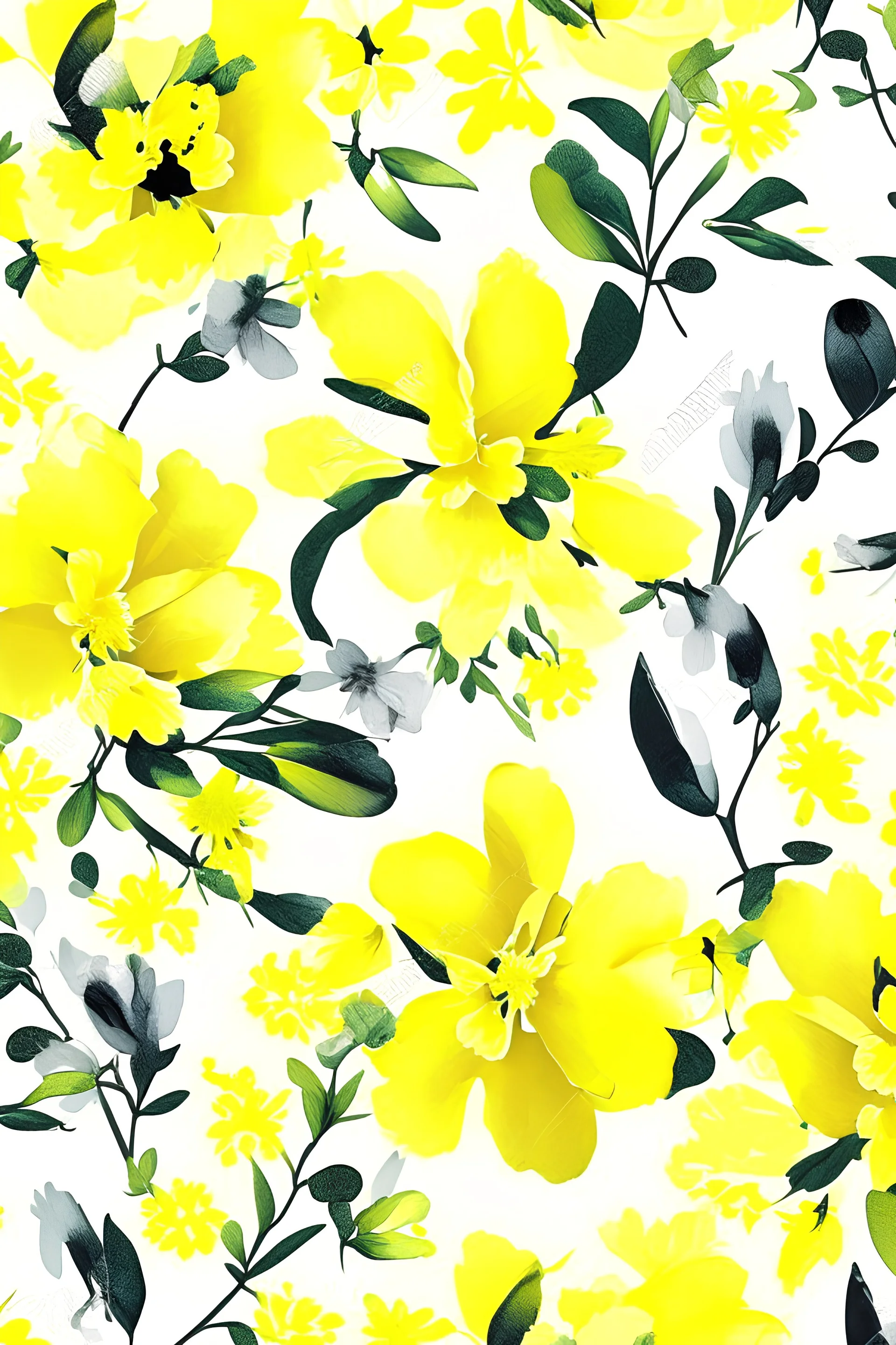 fabric pattern floral watercolor, high contrast, yellow flowers