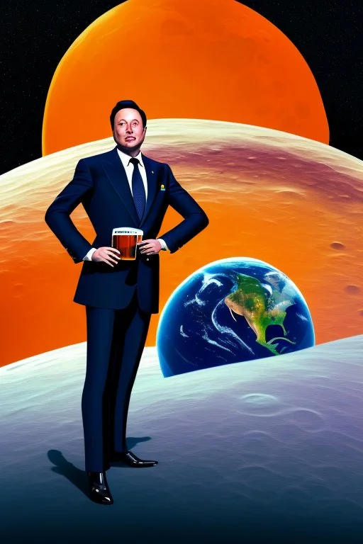 simple digital art scene, Elon musk sitting on the moon on an orange couch, beer in hand ,eating popcorn, looking unamused at planet earth,. selective colours