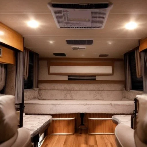 donald trump sitting, interior, large RV, night time, raining