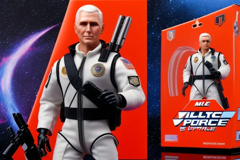 Mike Pence G.I. Joe toy Doll With a gun and Space force uniform inside blister packaging hanging on a Wallrack in toystore, fluorescent, wide angle shot whole body, black boots, Thumbs up, pricetag, Jetpack,fullsize