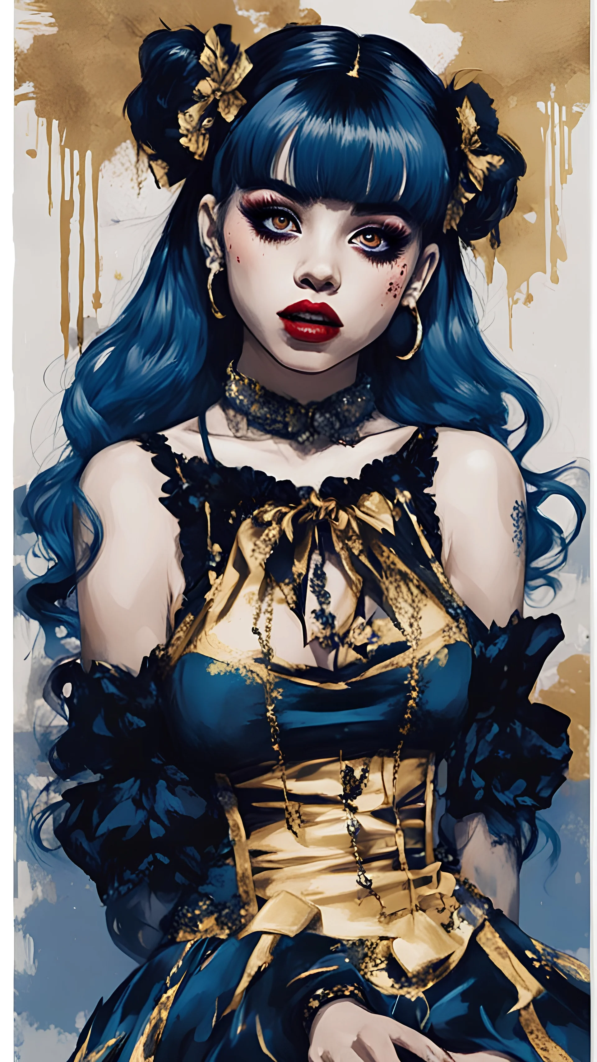 Poster in two gradually, a one side malevolent goth vampire girl face and other side the Singer Melanie Martinez face, full body, sit pose, painting by Yoji Shinkawa, darkblue and gold tones,