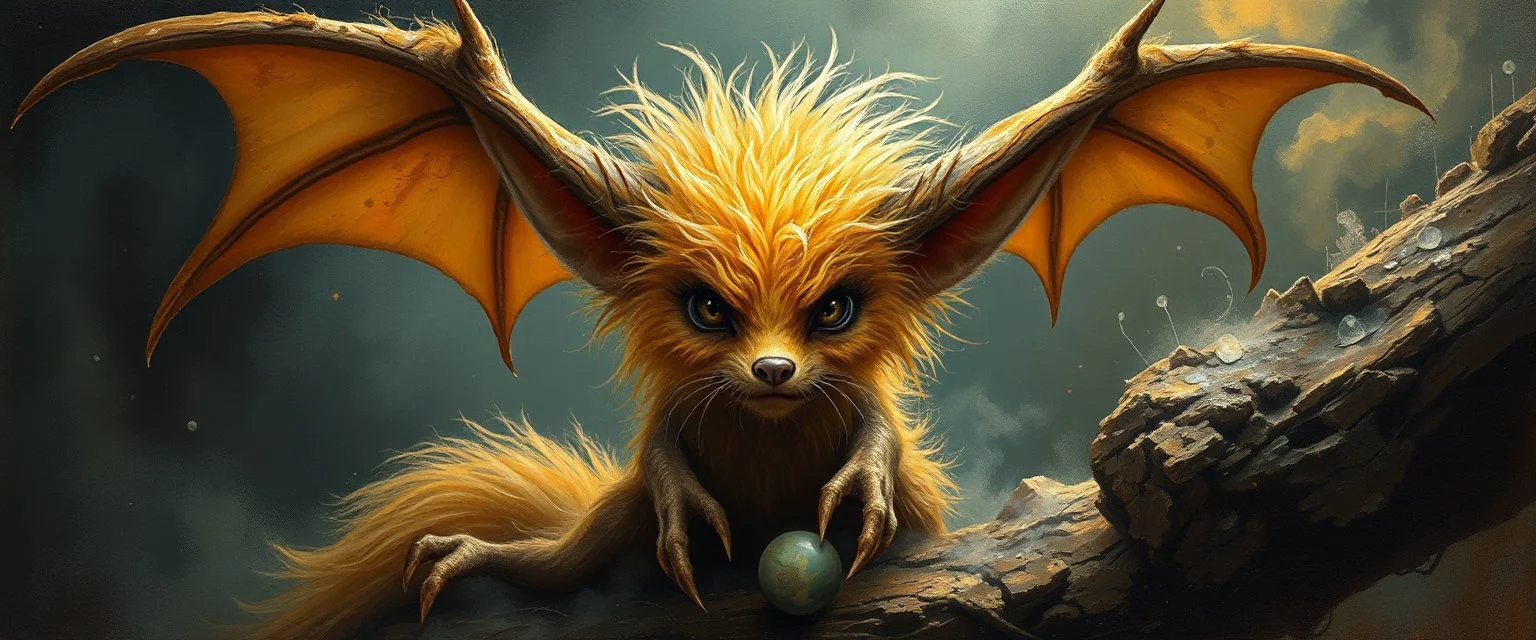 fluff fuzz sponge tube gremlin fox demon in the astral realm, painted by Rembrandt