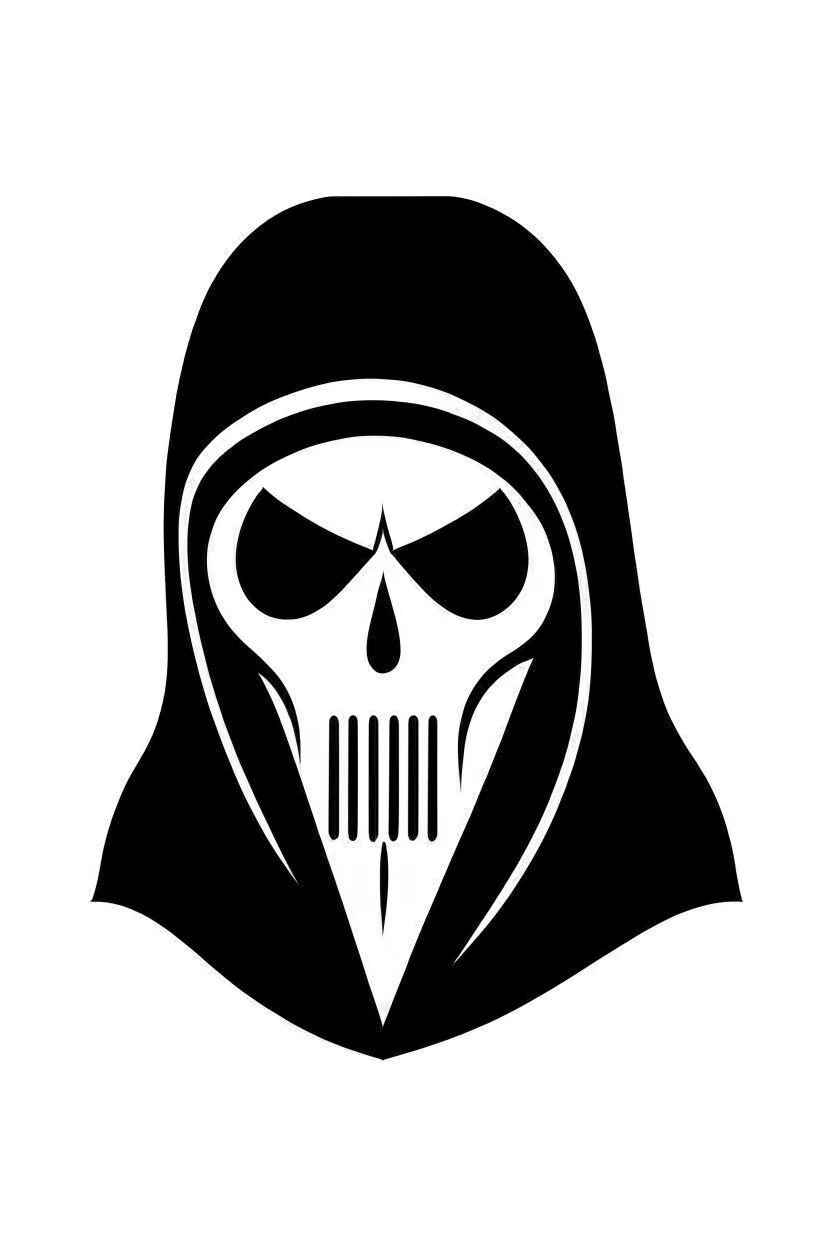 Extremely simple and fun logo representing the face only of the grim reaper. Black on white background