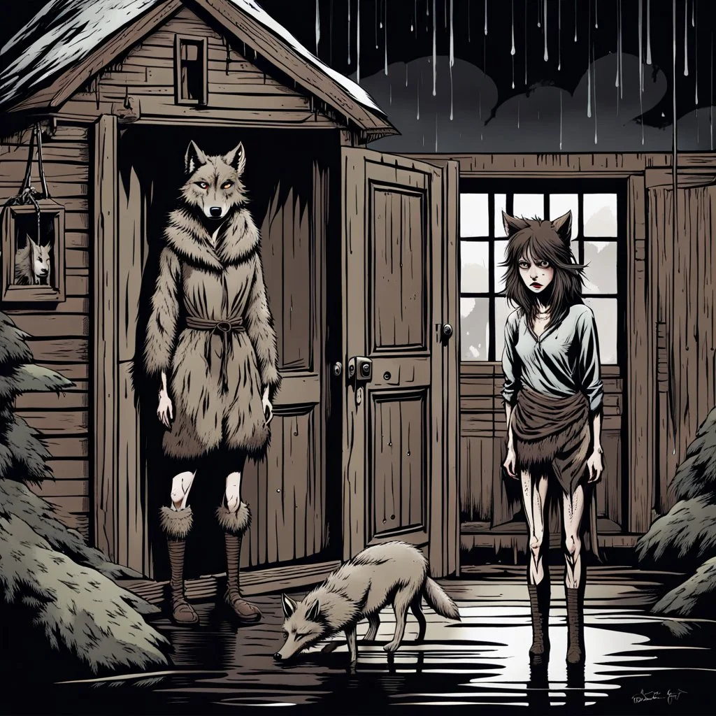 front of the camera in rain stands a very sad thin , short anthropomorphic wolf-girl full body covered with wolf fur, she wears a short rag around her waist , an tall anthropomorphic wolf-man stands behind at the door in a wooden house, dark deep colors, sharp focus, rainy day, high contrast, high detail, atmospheric, dark fantasy, sci-fi Masterpiece