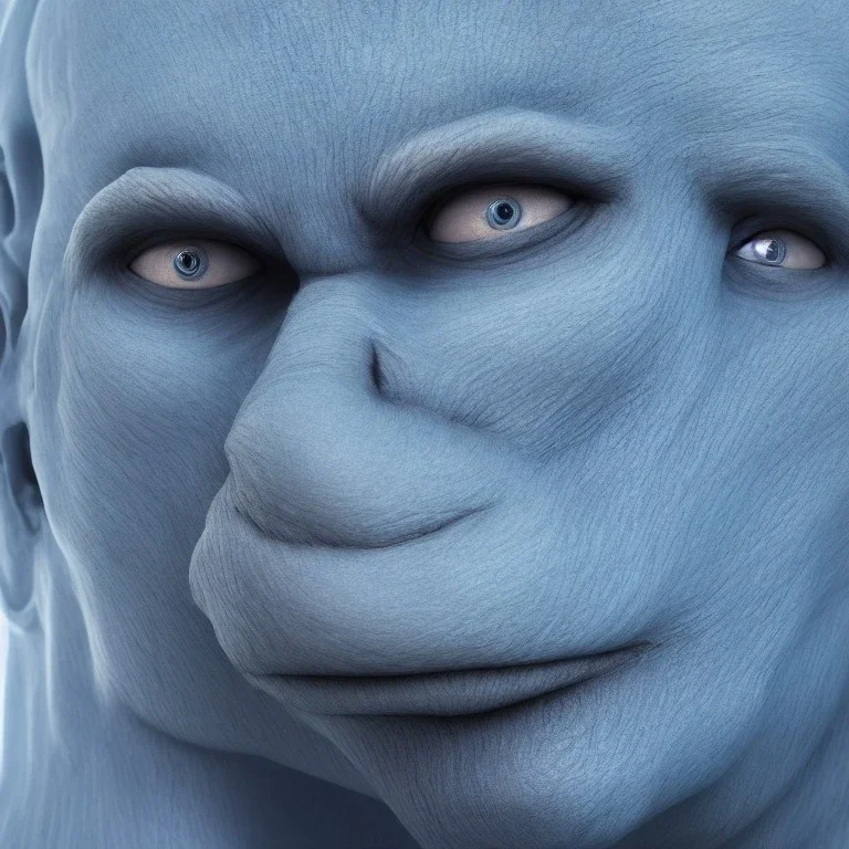 portrait of light blue ape-like short human male, skin whole body, volumetric lighting, intricate detail, realistic, close up