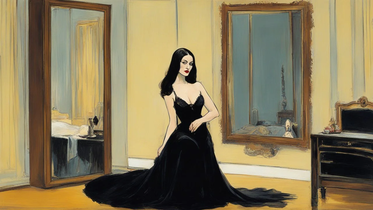 [art by Toulouse-Lautrec] Morticia Addams in agent provocateur sits in front of a mirror at a vanity, in her room