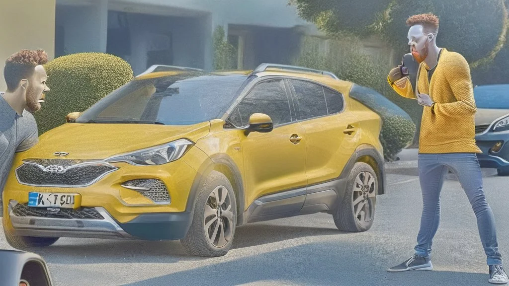 guy arguing on cellphone next to his kia sportage as a lemon