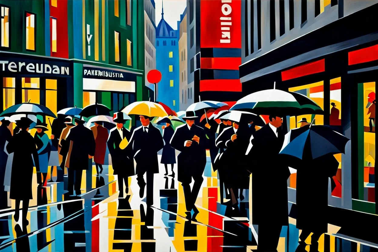 hustle and bustle in rain in Berlin 1925; impasto painting in Bauhaus style, cinematic, dramatic, dynamic, ((great verticals)), ((great parallels)), amazing reflections, excellent shadows, perfect translucency, sharp shadows, (wild contrasts), (vivid bold colors)