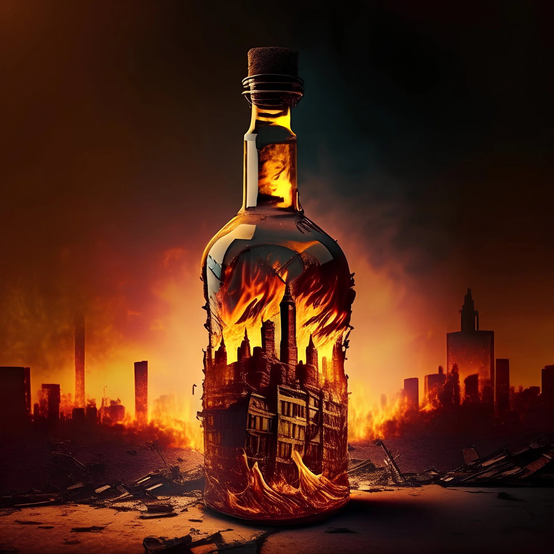 a broke bottle with a city on flames old west