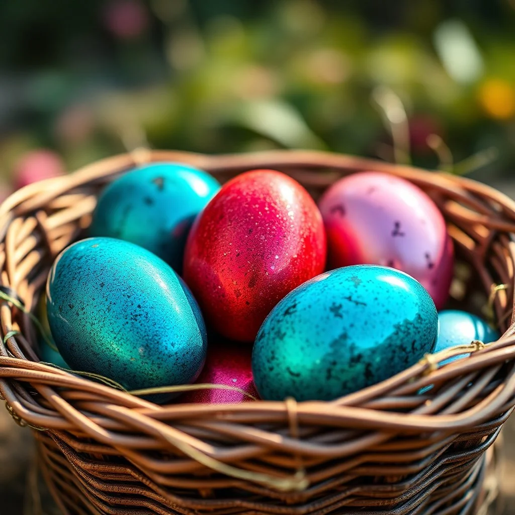 digital photograph of off-center modern basket colorful Easter eggs. eggs display intricate textures in azure, emerald, blush,red, crimson, sapphire,metallic cinematic HDR backlighting highlights subtle dimples and glossy reflections, with shallow depth of field softening the sunlit background. hyperrealistic 8k resolution,