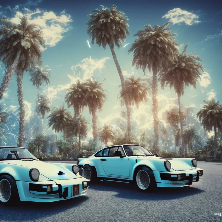 1980's aesthetic vaporwave palm trees and spheres and Porsche with lightning