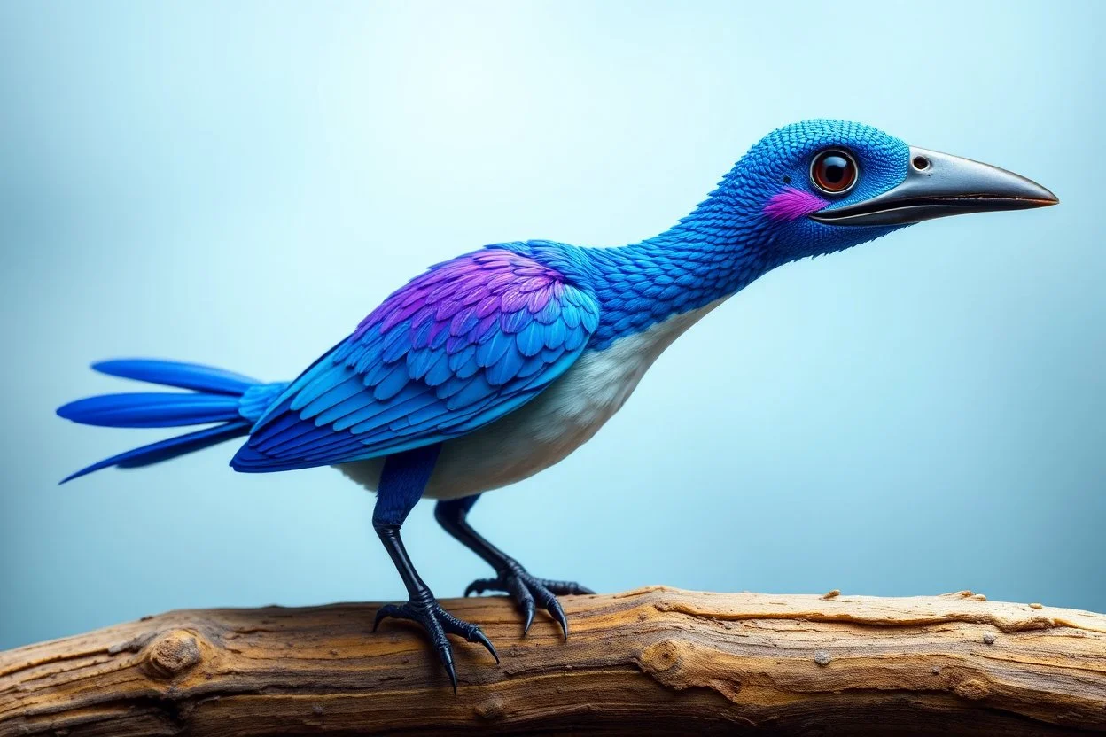 adorable blue and purple bird, elongated like a dino