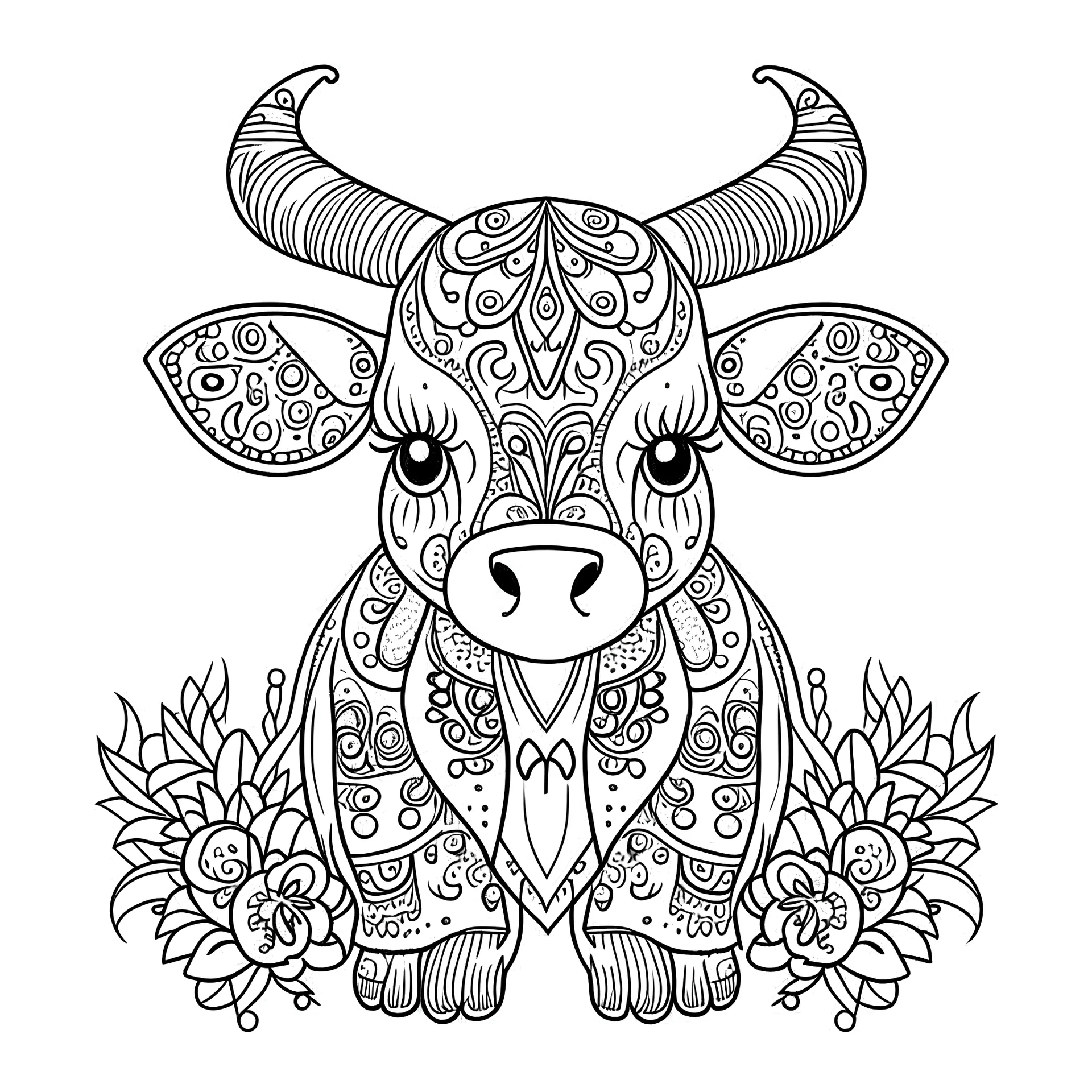 mandala baby cow, happy, cute animals, full view, realistic, coloring page, only draw lines, coloring book, clean line art, –no sketch, color, –ar 3:4, white background, minimalistic black lines, minimal black color, low level black colors, coloring page, avoid thick black colors, thin black line art, avoid colors, perfect shape, perfect clear lines,