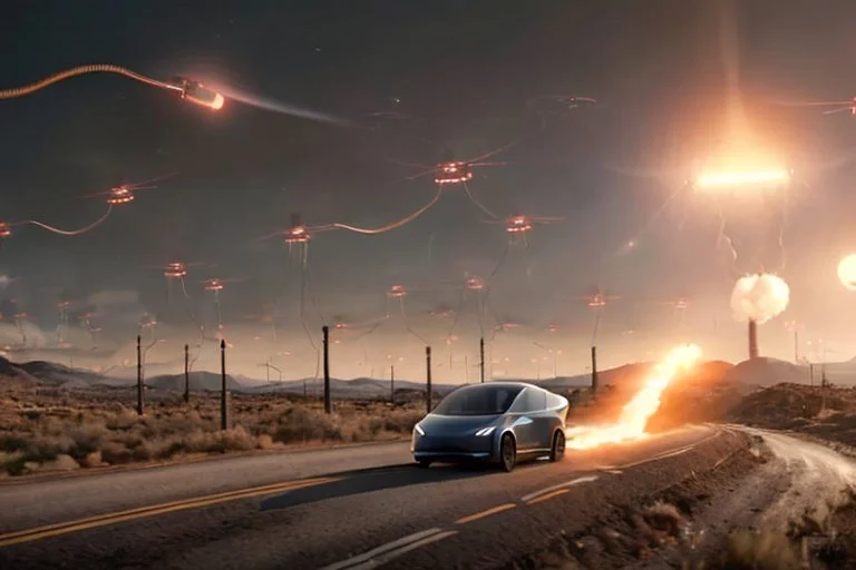 A Tesla 'Semi' (semi truck) is going at a high speed, in the battle against Martians of "The War of the Worlds". (CINEMATIC, WIDE ANGLE LENS, PHOTO REAL)