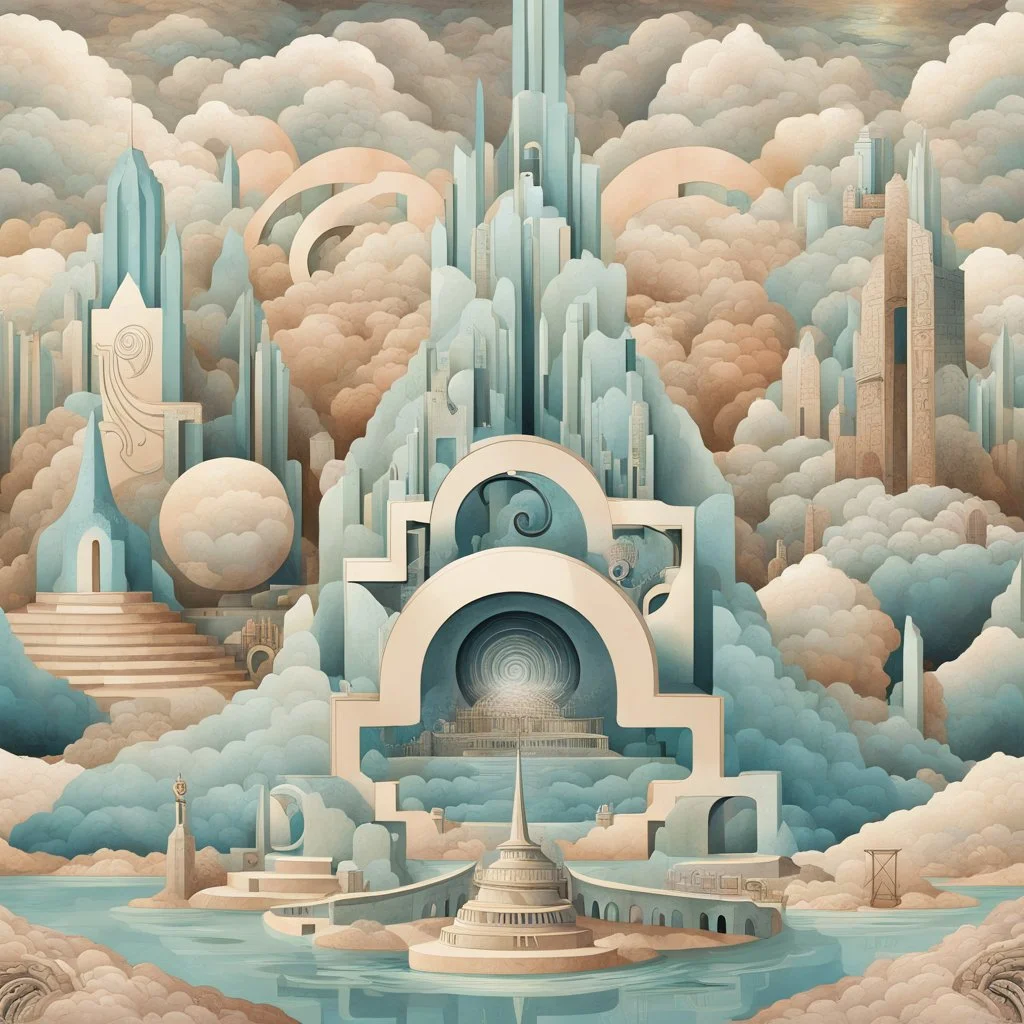 Surreal alphabet art, letters and symbols hidden in a surreal fantasy landscape, suggestive of letters, maximalism, intricate detail, art deco elements.