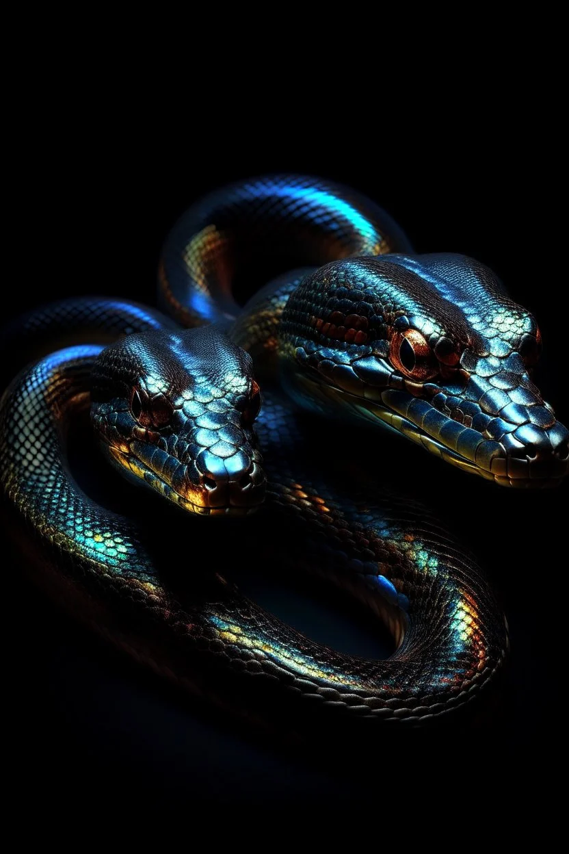 A two headed snake digital portrait, dark fantasy, black iridescent scales, holographic, shiny, PVC texture, wet look,