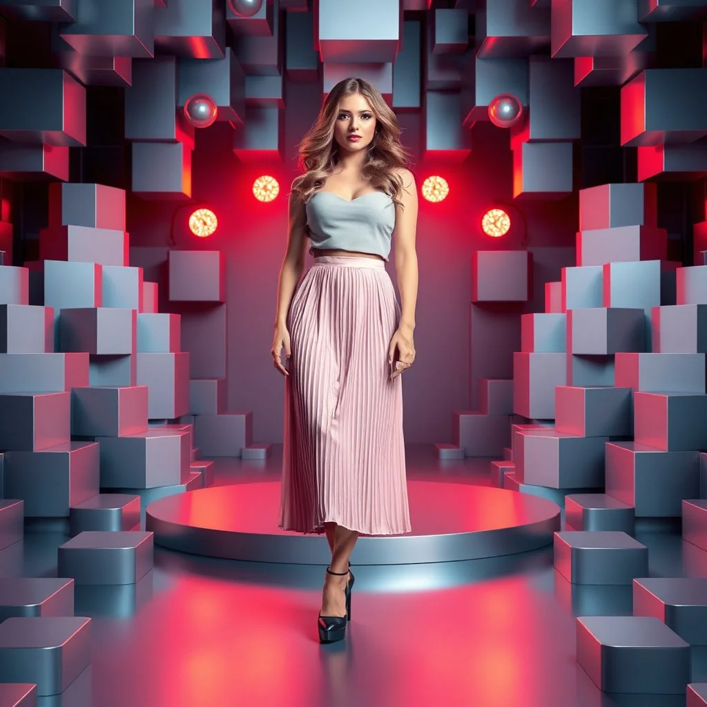 make a picture pretty stage made of metallic blue-gray teme 3d recursive cubic and sphere and cylinder base structures and a beautiful fashion model lady standing with cute in scene with sexy top and pretty pleated midi skirt ,makeup curvy long hair,dynamic camera zoom to full body and pan, dynamic lights.