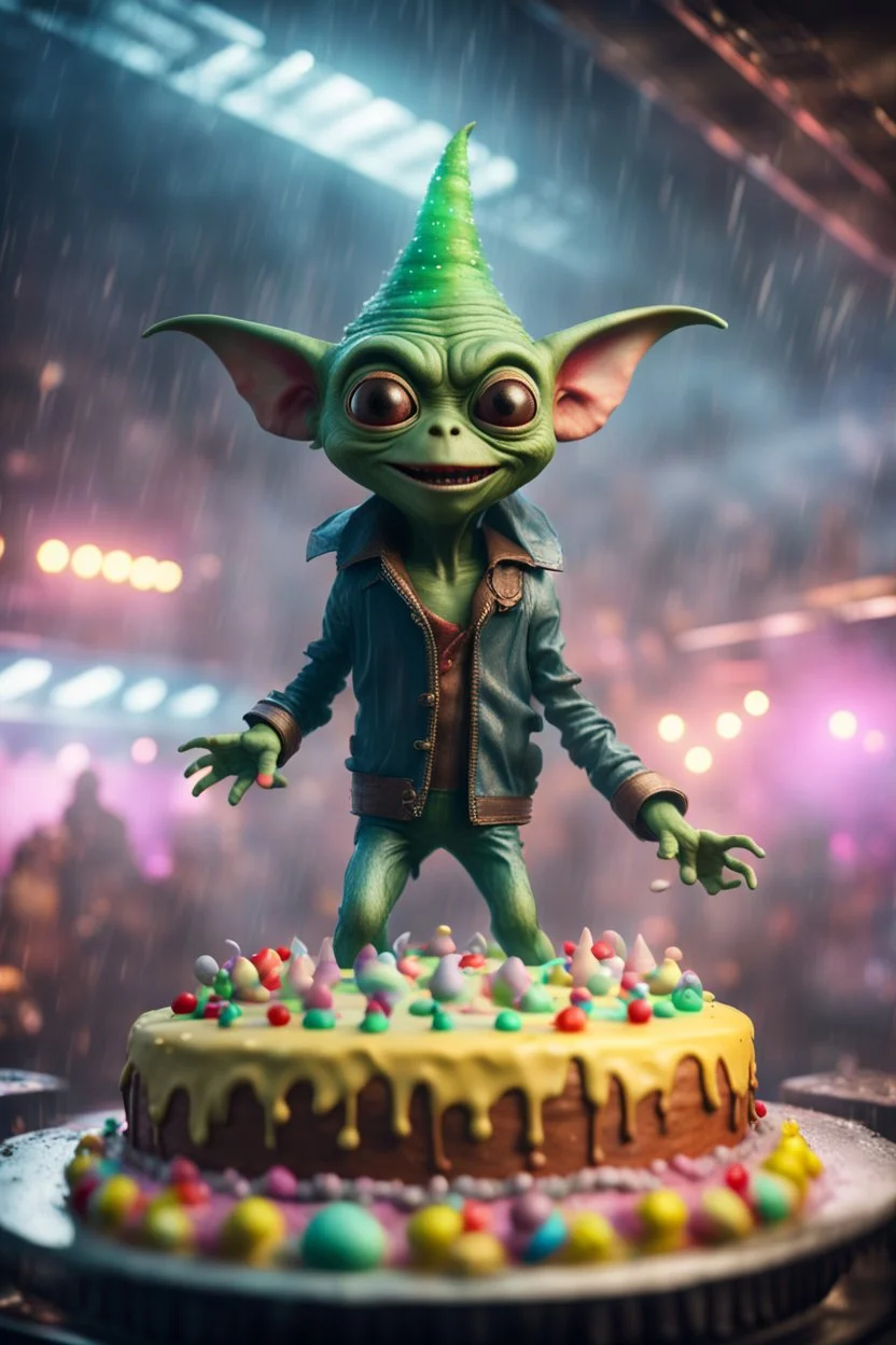 portrait of happy disco gremlin virgin alien standing in a mega cake on a speeding locomotive in a wind tunnel birthday party in a storm cloud, in the style of a fallout 4,bokeh like f/0.8, tilt-shift lens 8k, high detail, smooth render, down-light, unreal engine, prize winning