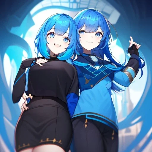 Clear focus,High resolution, Vibrant short blue hair, Vibrant blue eyes, Wearing a black short skirt,black crop top sleevelss,blue cut sleeves,black fingerless gloves, Smiling,Long bangs, Smiling, Holding your hand, first person view