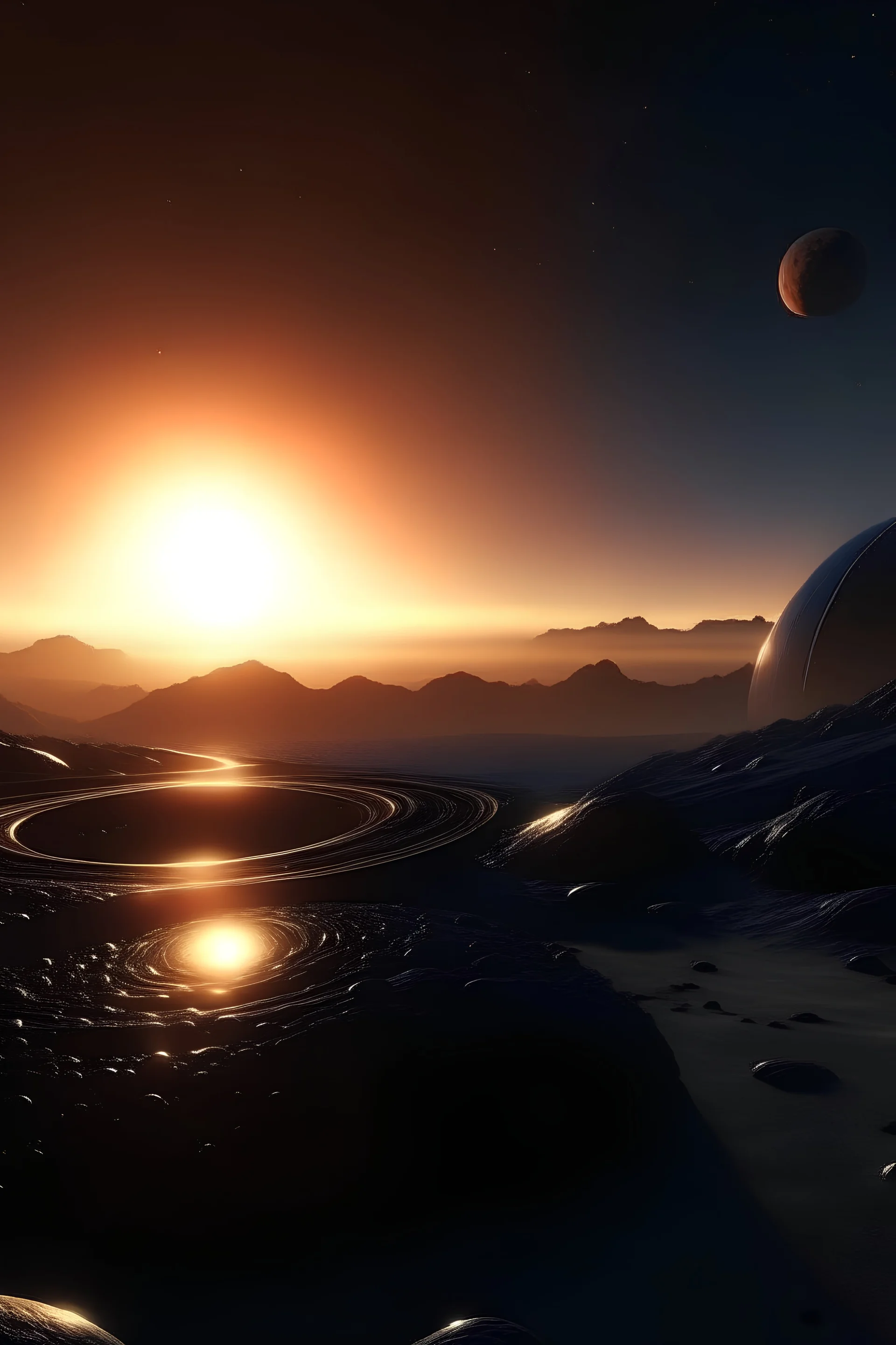 4k, hyper-realistic, Ultra-HD, Ray-tracing, alien planet, Setting sun, sunset, milky way, planet with asteroid belt