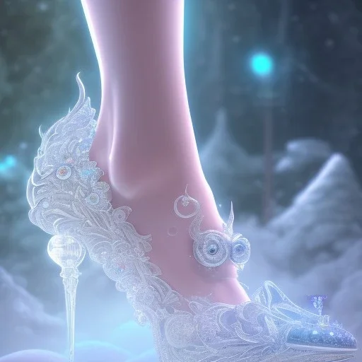 cinderellas high heel crystal glass shoes ,magical, snow, sharp, intricate ornate, elegant, highly detailed, transparent, artstation, concept art, smooth, sharp focus, illustration, 8k,epic fantasy, iridescent accents