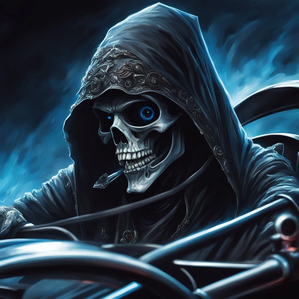 close up of fantastical cursed Formula One racer as a Grim Reaper with blue glowing eyes determinedly gripping the steering wheel, doomed to driving in an eternal race, heavy metal magazine art style, horror, intricately detailed, complex contrast, dynamic composition; cinematic lighting; meticulously composed concept art, masterpiece, modern movie poster composition, cell-shaded, kinetic