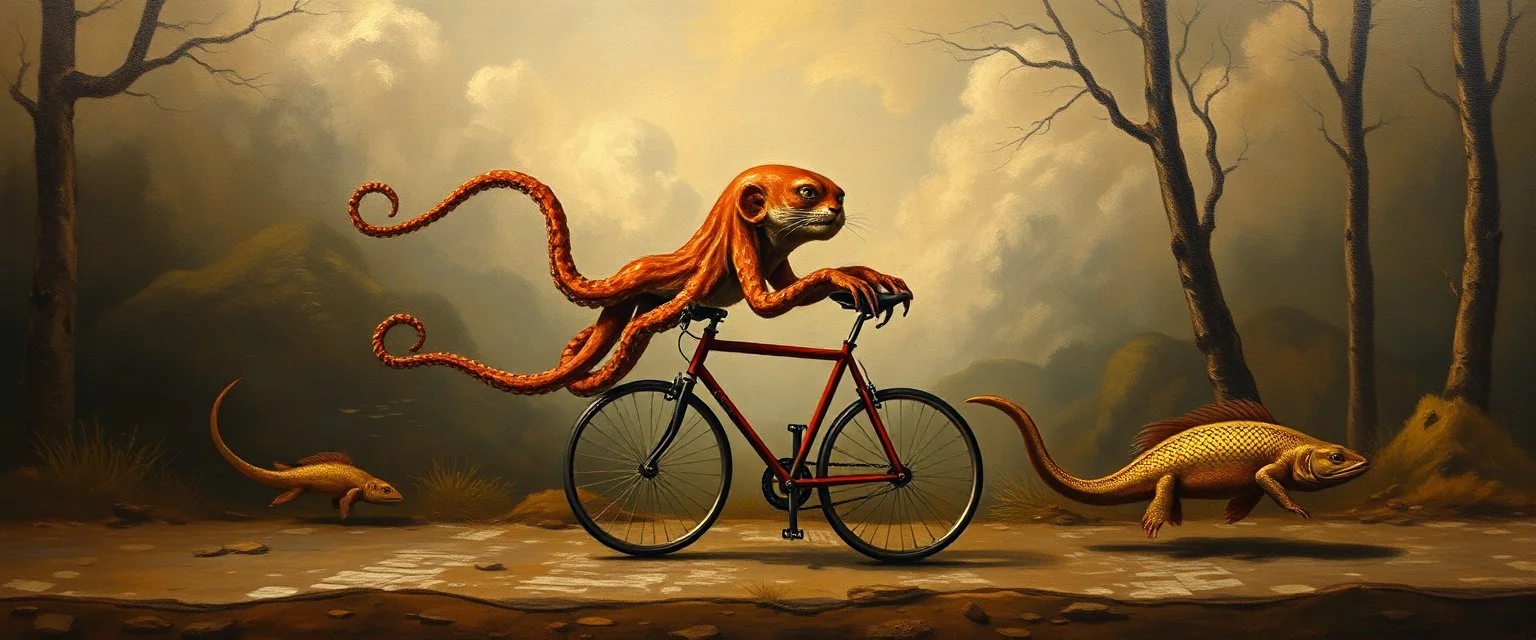 master oil painting by Rembrandt, cat octopus orc fish salamander running marathon with a bike