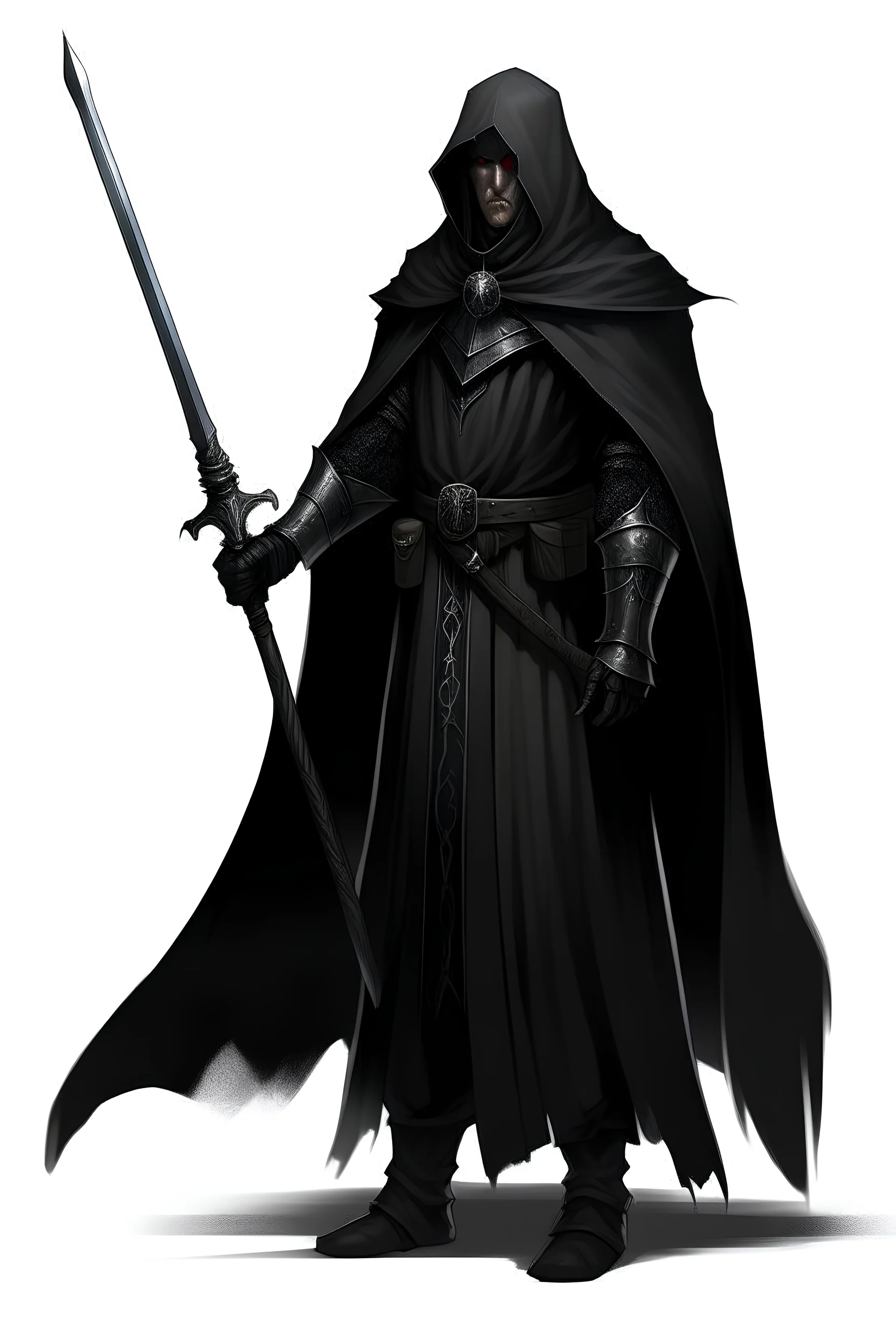 A commander with a black cloak and a long coat with long combat boots and a long spear with his Helmet under his cloak