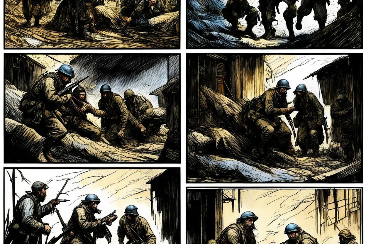 Masterpiece1:5)(Fineart), (award-winning:1.5), highest quality, war journalism, ink and colored pencil sketch of photocollage (by Gustave Doré, Jan Saudek:1.5),(Eastern Ukraine:(panel one:the moment after a battle ends, horrors of war, wounded men),(2nd panel, cinematic shot of men sitting in trench with 1000 yard stare (focus on their eyes:1.5)),(the third panel shows troops tired but hyper alert), (the fourth panel shows the sky is filled with incessant, fire and smoke everywhere,)