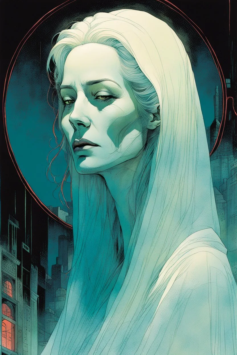 create an imaginative print illustration of the pale translucent ghost of an ancient female Oracle with finely detailed hair and feminine facial features, in the city of the dead , in the comic book art style of Bill Sienkiewicz, Mike Mignola, and Jean Giraud Moebius, finely textured, drawn, colored, and inked, suffused with dramatic natural light and shadow of a midnight crescent moon