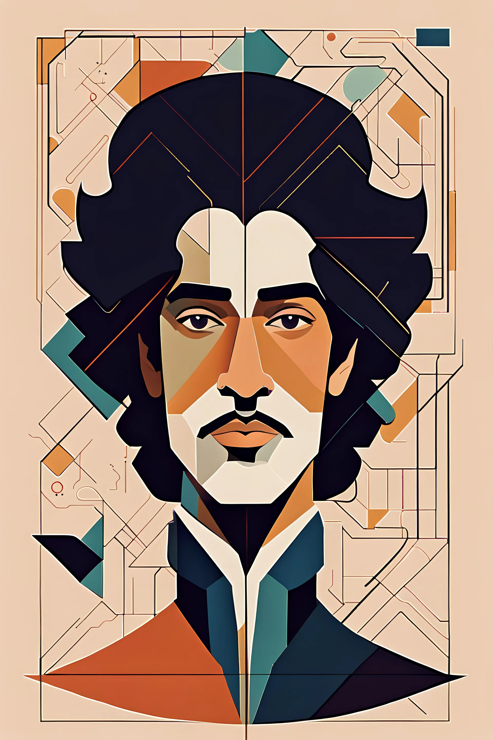 a highly detailed, abstract flat geometric portrait illustration of Prince in the minimalist style of Willi Baumeister, Federico Babina and Petros Afshar, sharply detailed and finely lined, in vibrant natural colors