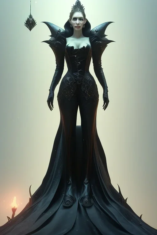 Julia Roberts as evil queen in black leather gown, evil, busty, cleavage, curvy, angry, stern look. character design by cory loftis, fenghua zhong, ryohei hase, ismail inceoglu and ruan jia. unreal engine 5, artistic lighting, highly detailed, photorealistic, fantasy