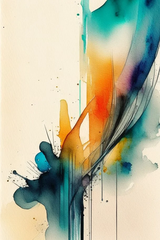 Abstract wet watercolour, ink lines