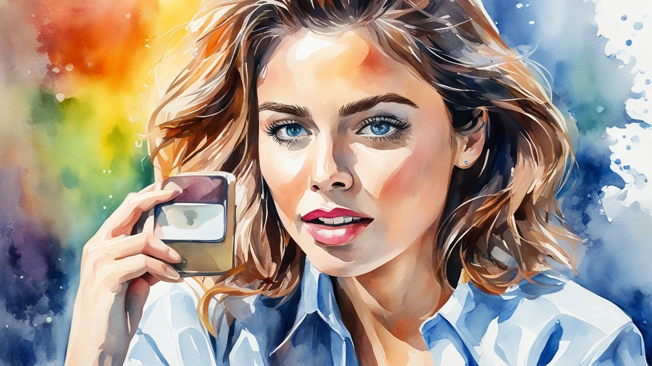 watercolor, gouache, acrylic, beautiful woman talking on a smartphone, clear focus, high detail. 3d, 64k, high resolution, computer graphics, hyperrealism, f/16, 1/300 sec. digital painting, pop art,