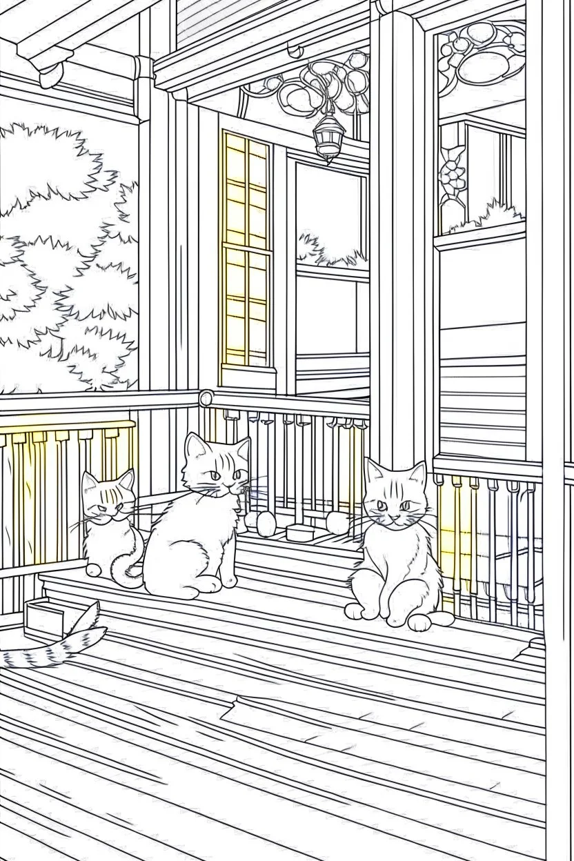 kids coloring page, Cats on the porch, cartoon style, thick lines, low detail, no shading