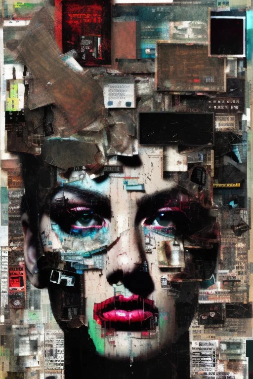 Ultra detailed medium portrait painting of anxiety , torn up collage of clippings, broken circuitry background, matrix effects, punk visual art, punk art aesthetic, graffiti art, pop surrealism, collage art, cluttered paint glitches