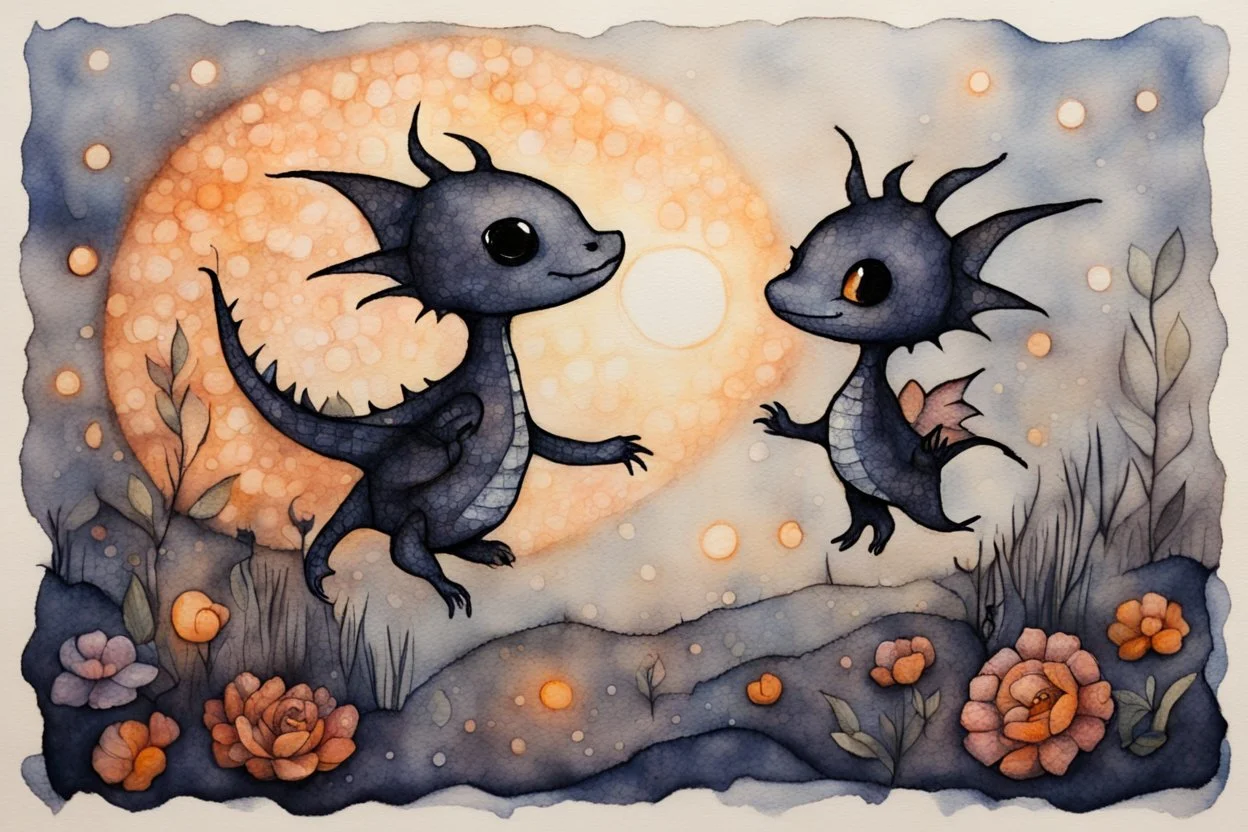 painted and burned burlap, moonlight, cute chibi dynamically jumping dragon, flowers, styles of Paul Klee Dee Nickerson and Tim Burton, melting watercolor and black ink outlines on wet paper, soft, shading strokes, in candlelight, ethereal, otherwordly, cinematic postprocessing, bokeh, dof