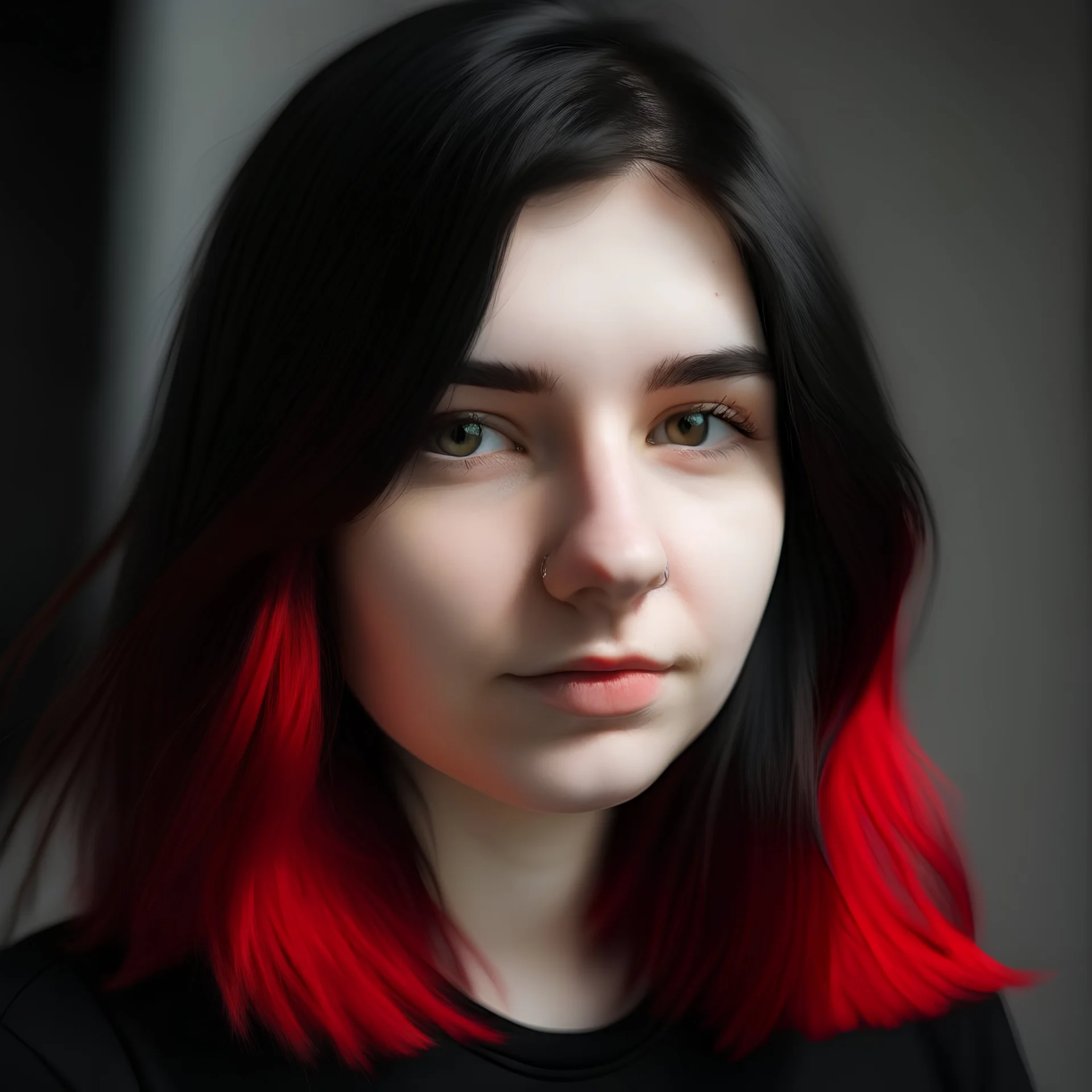 A portrait of a 25-year-old girl, who has black hair with red ends.