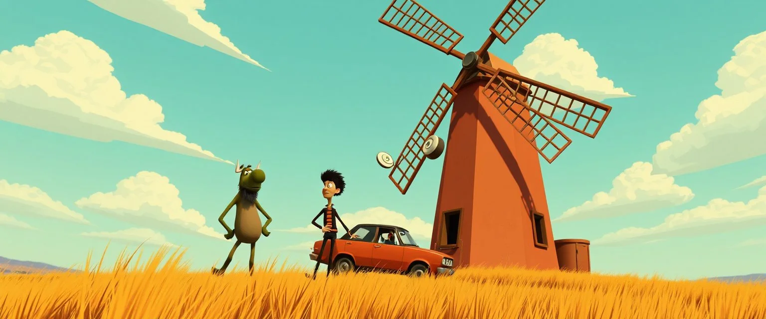 windmill scene from gorillaz music video, with car and moose, cartoon guys