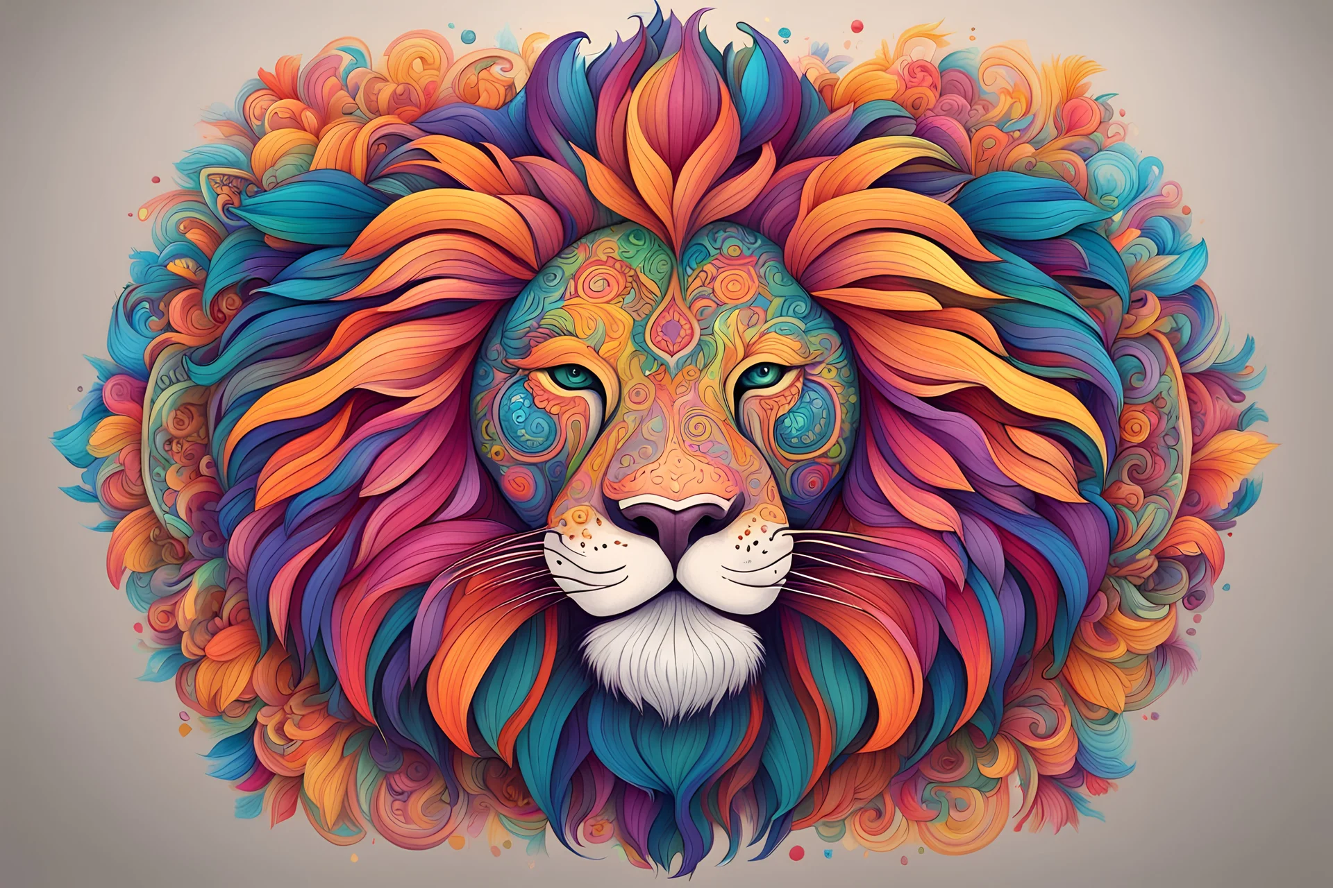 crea un leone disegnato stile mandala con colori vivaci