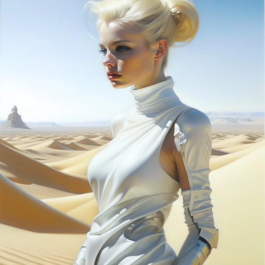 An oil painting of a futuristic girl from Dune's film in the style of Hajime Sorayama, inside a light white digital desert landscape.