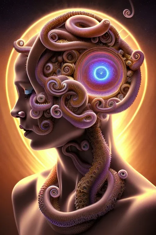 Spiritual being with Tentacles over human Head creating reality around, wrapping Spiral around people, Psychedelic