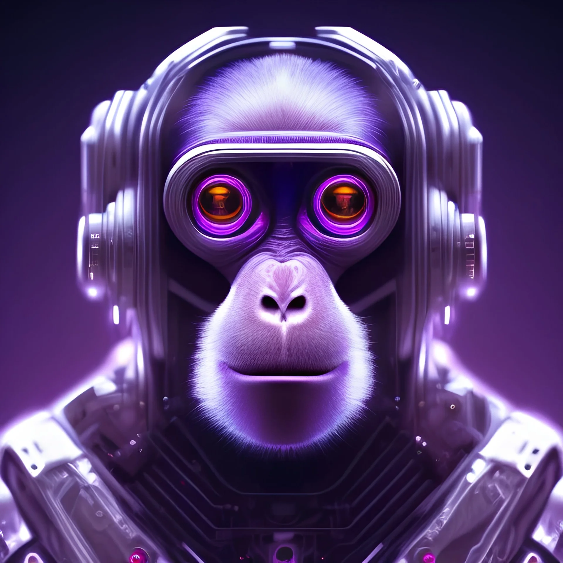 A beautiful portrait of a cyborg monkey purple neon color scheme, high key lighting, volumetric light high details psychedelic background