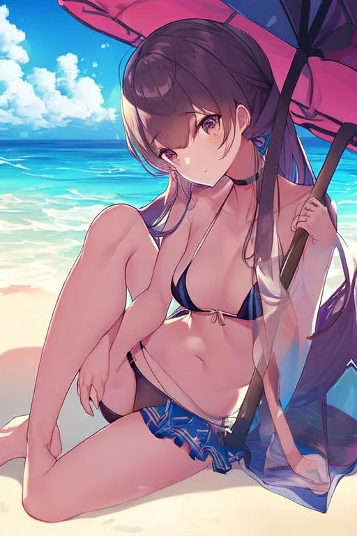 an anime waifu suntanning on the beach in a bikini