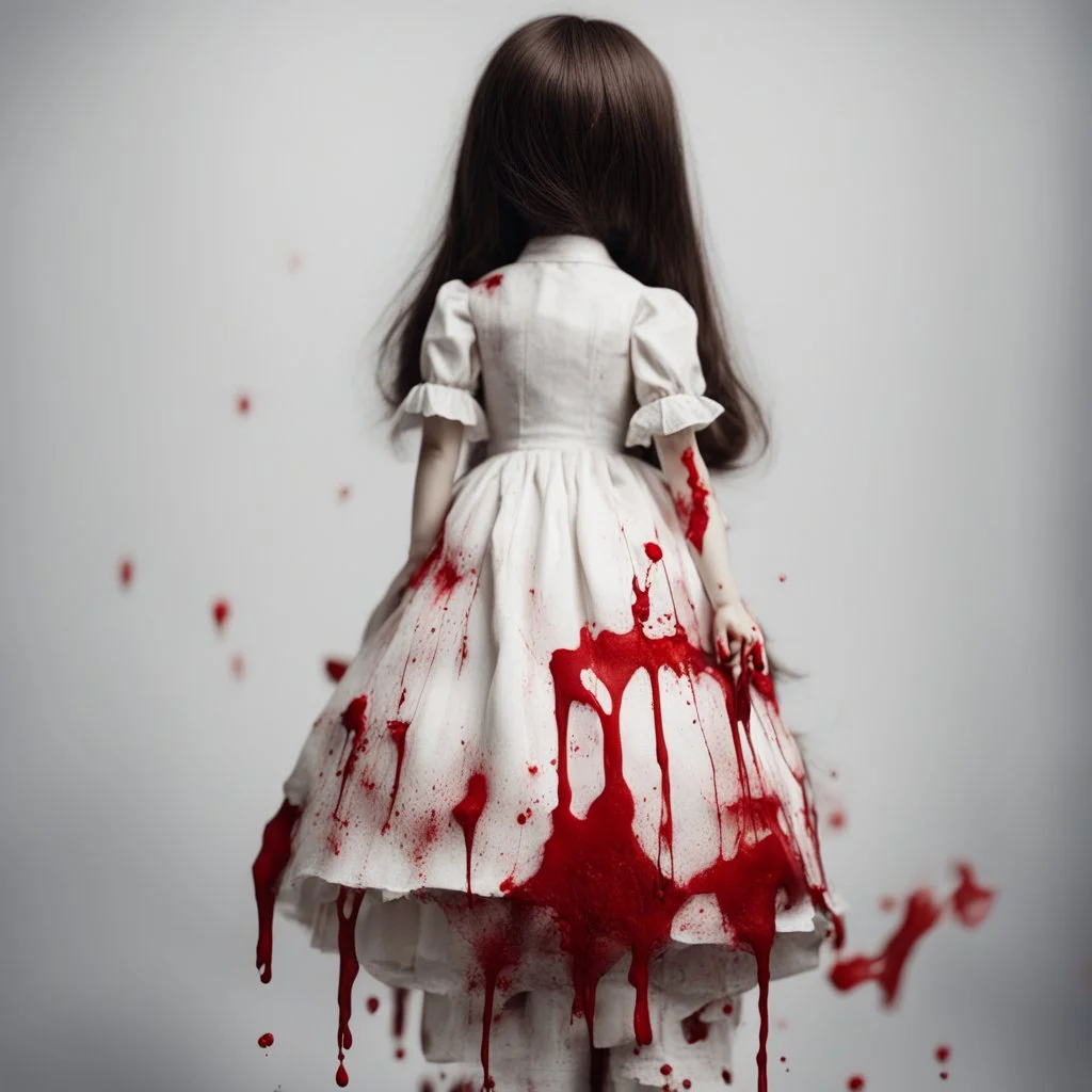 A girl's doll wearing a white dress with red blood bleeding from the back