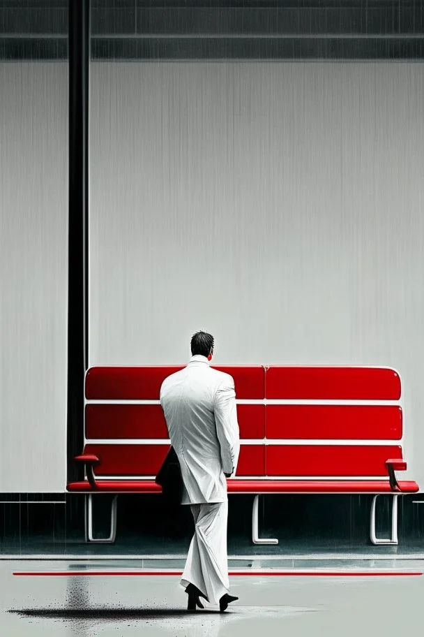 A lonely man waiting for bus in white suit red tie and black shoes