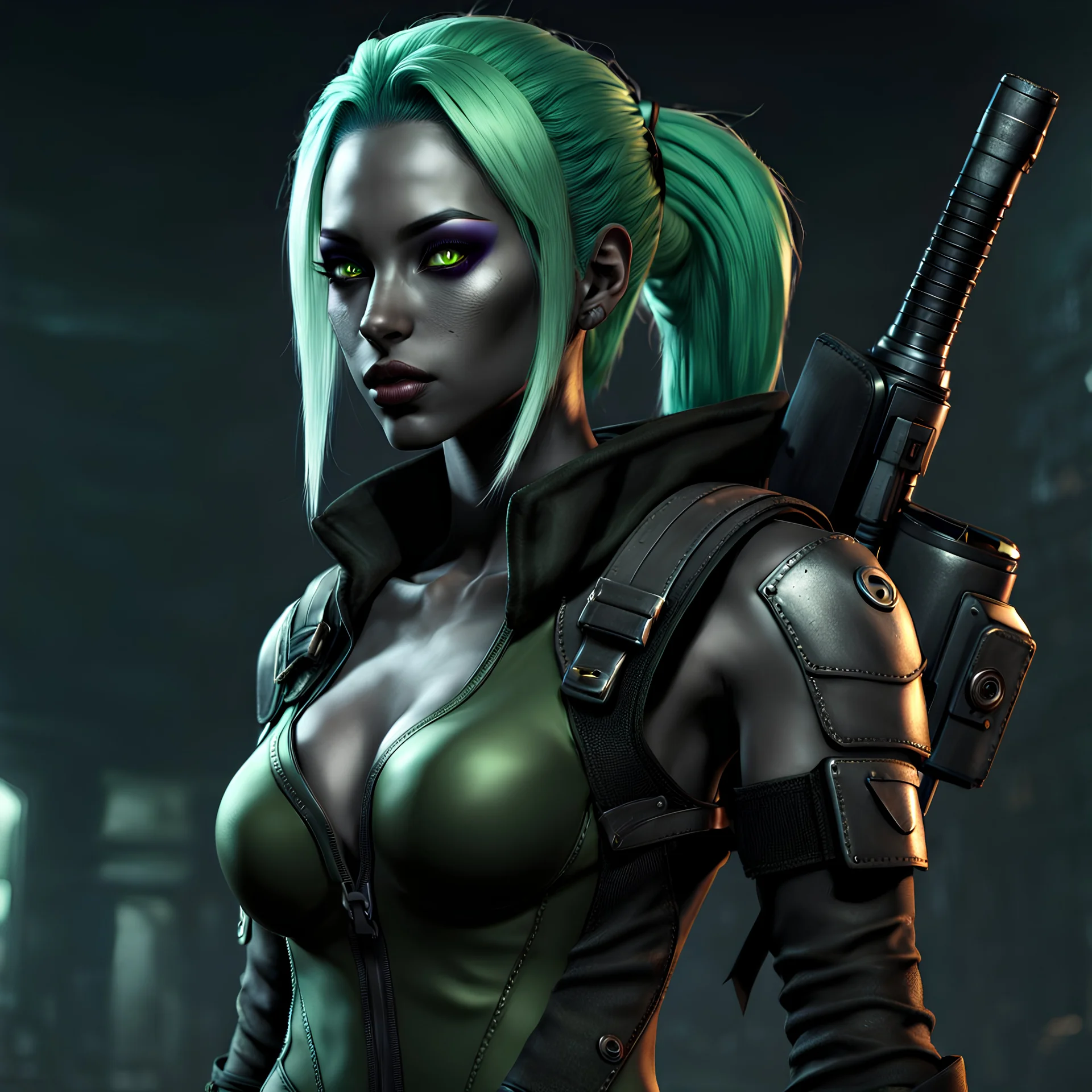 Attractive young female drow wearing a bodysuit, post-apocalyptic background, dark eyeshadow, green hair, anime style, video game character, unreal engine, trending artstation, trending deviantart