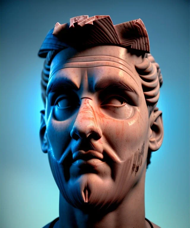 Gran angular, Realistic image, roman sculpture, marble material, Lionel Messi, Laurel wreath model, miguel angel style, emperador, God light, god rays, 4k resolution, ornate details, soft lighting, unreal engine 5, soft cyan background.