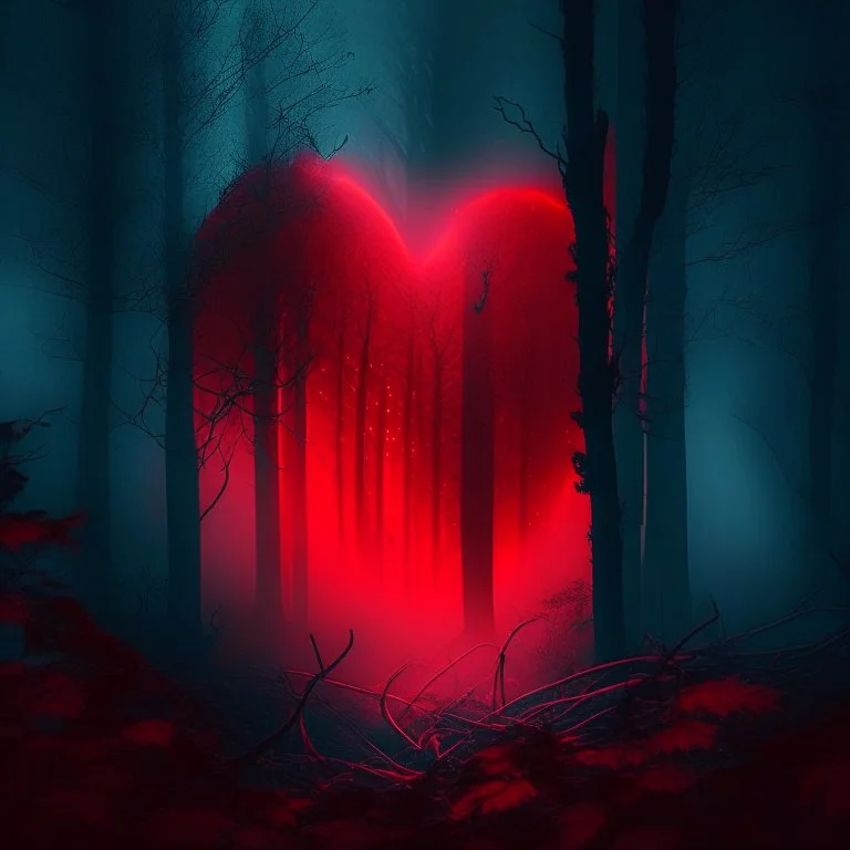 red fog in the forest at night with an electric heart