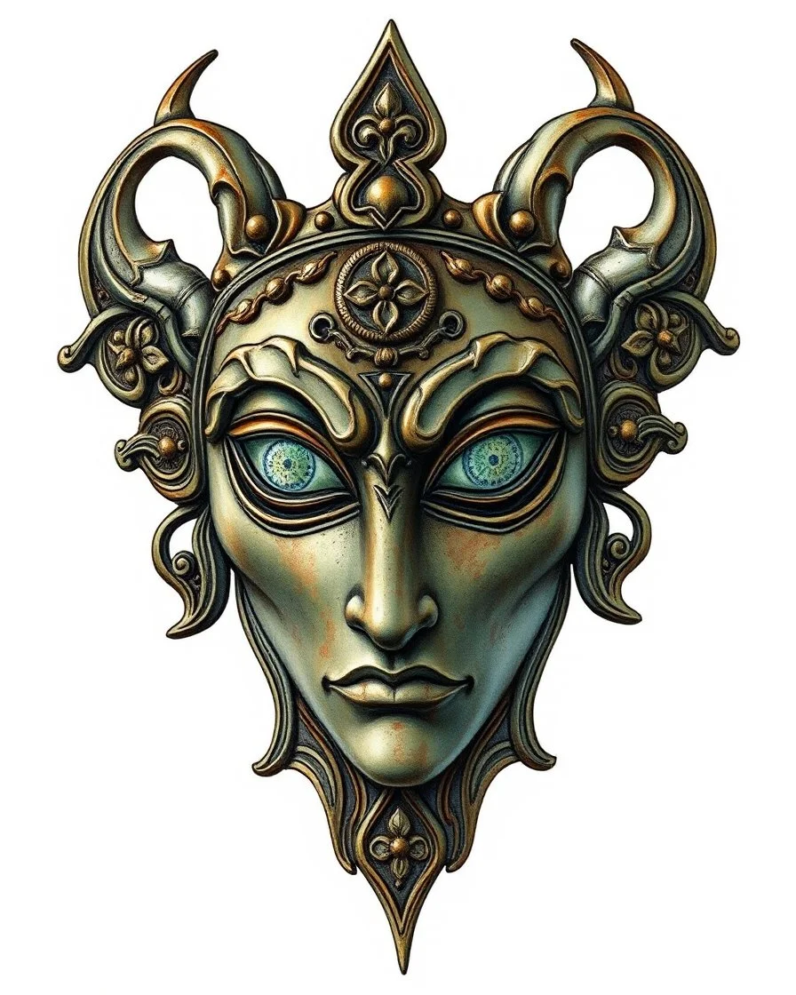 create a full color ink wash and watercolor illustration of a rich patina, ancient bronze female druid ceremonial mask representing Morrigan, utilizing historic Celtic decorative motifs, intricately detailed and sharply defined in the style of Arthur Rackham and Kay Nielsen